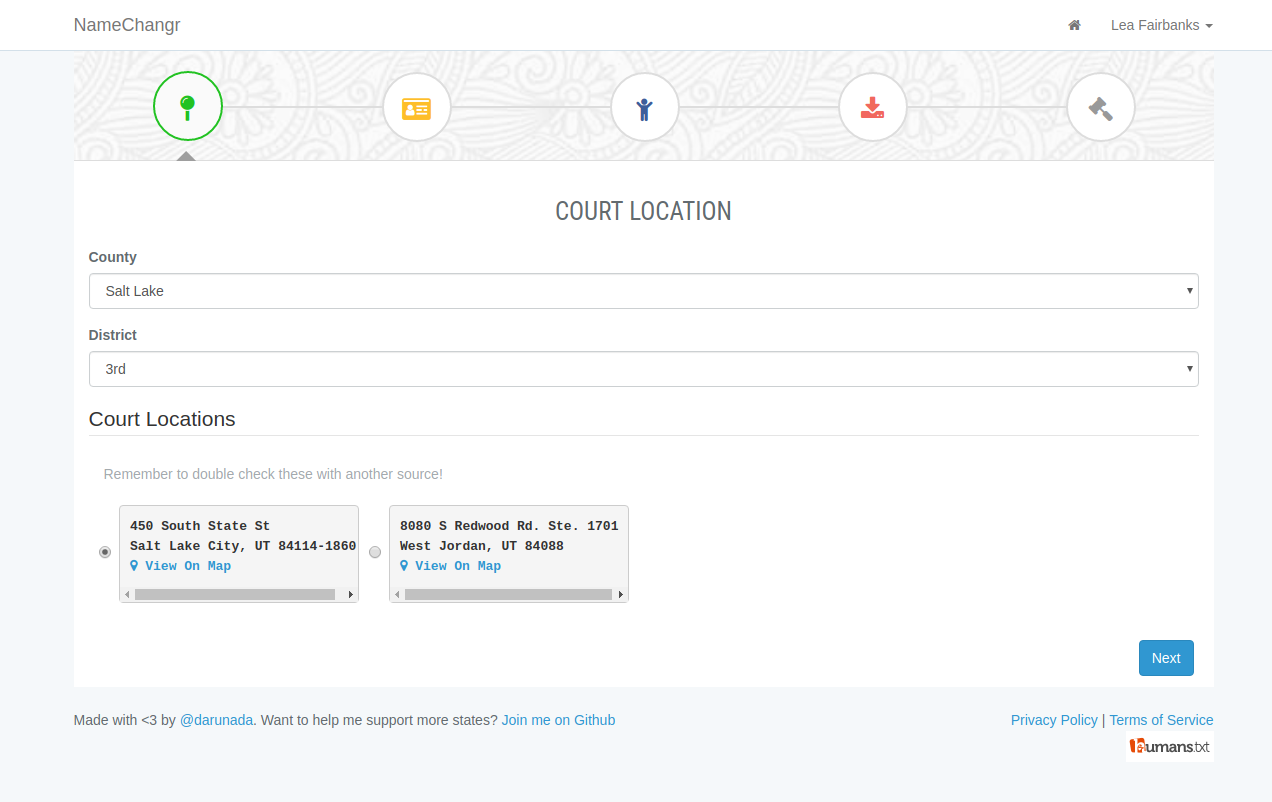 NameChangr Pick a Court Location Page